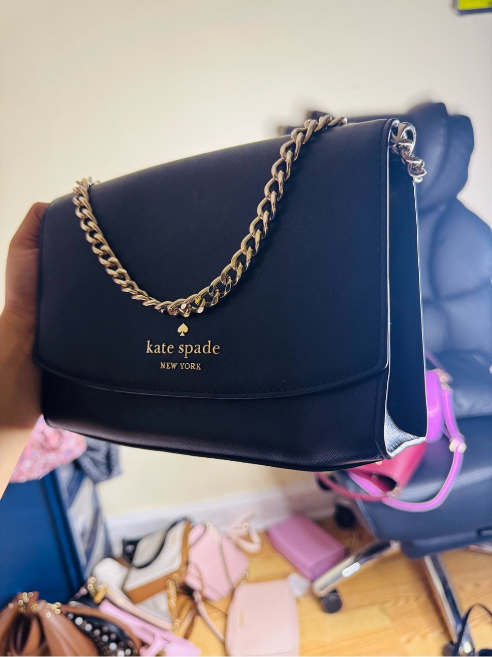 kate spade Black Leather Shoulder Bag with Gold Chain